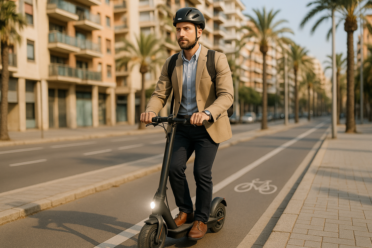 רוכב בוגר על קורקינט חשמלי למבוגרים עם קסדה בשביל אופניים