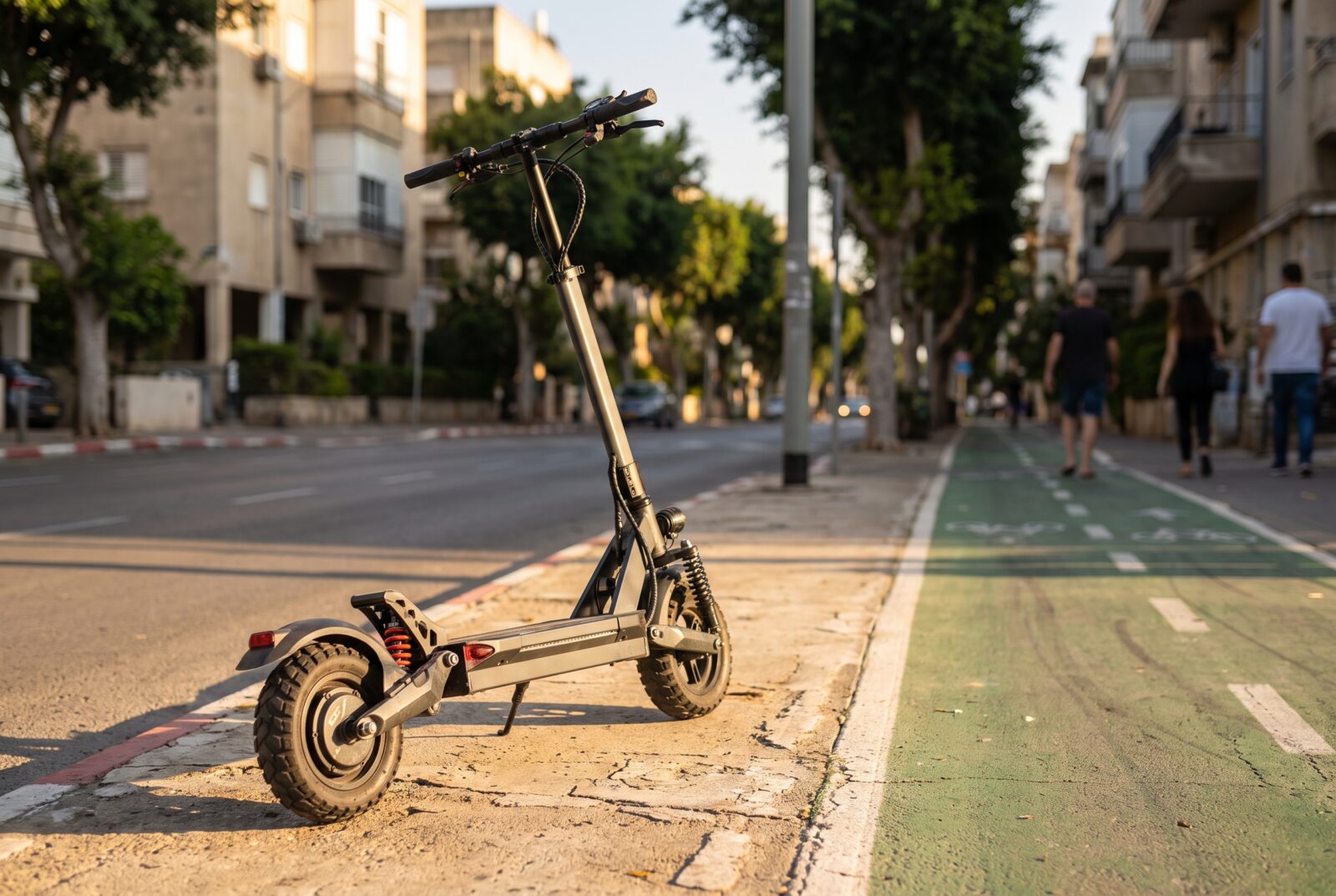 כמה עולה קורקינט חשמלי: קורקינט חשמלי עם שיכוך מלא ליד שביל אופניים