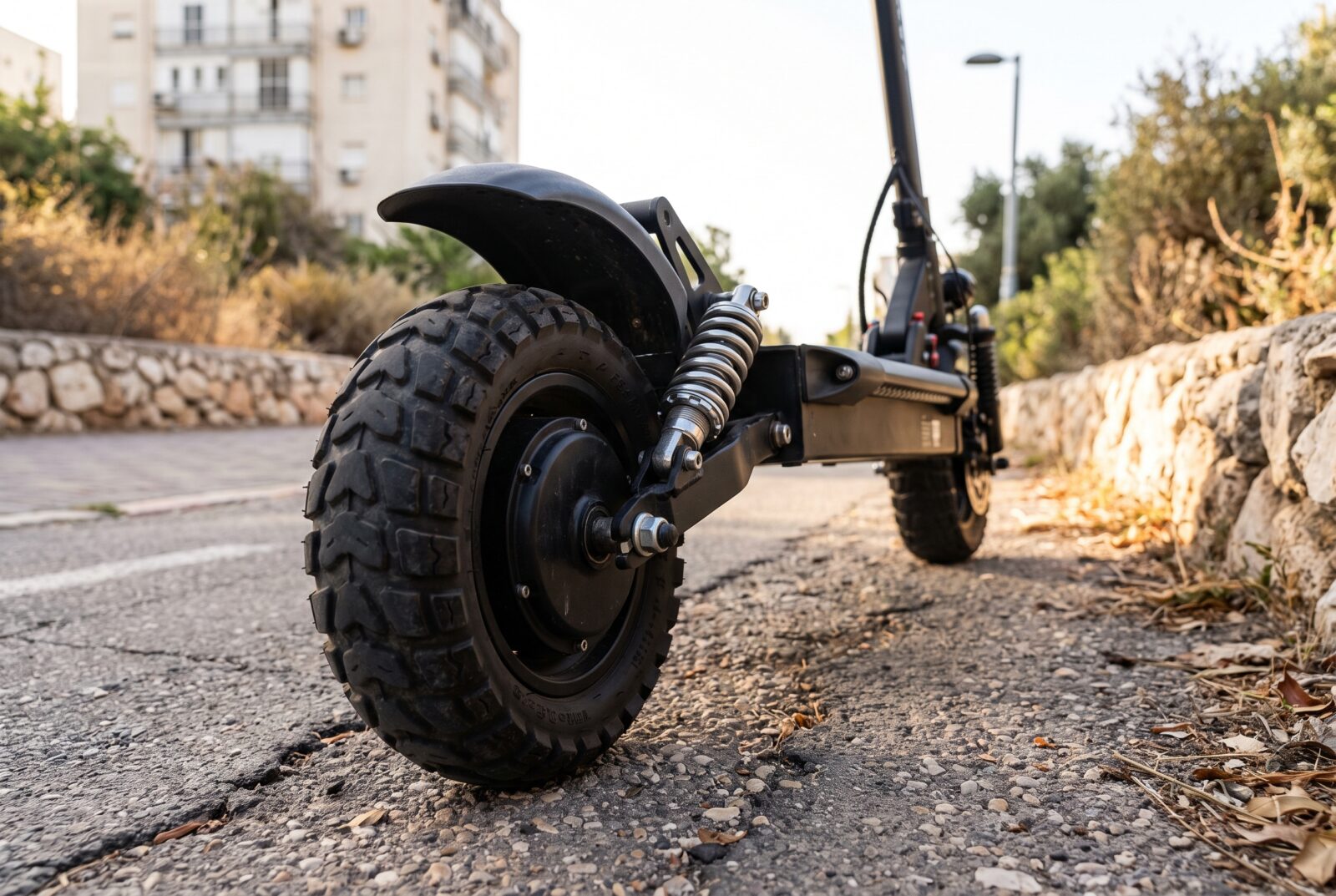 קורקינט חשמלי שיכוך מלא: בולם זעזועים אחורי וצמיג רחב על שביל