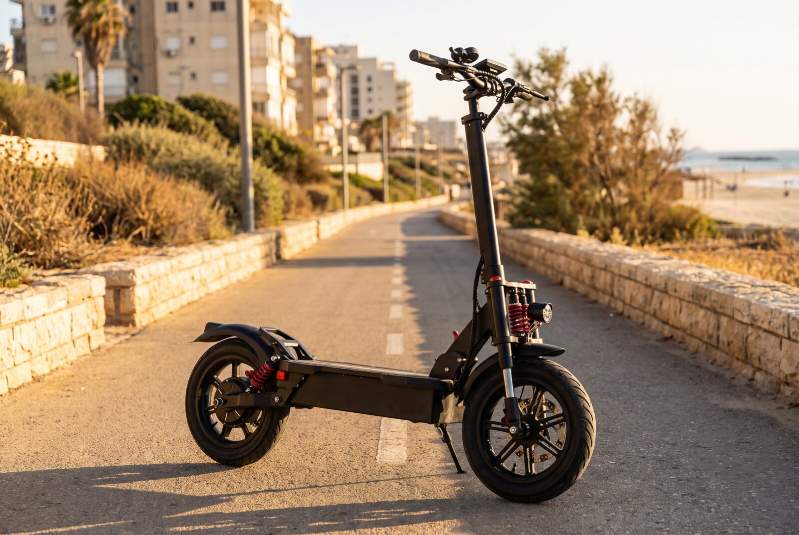 קורקינט חשמלי חזק של קורטז עם צמיגים רחבים ושיכוך כפול על שביל אופניים